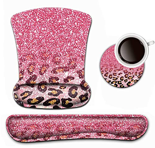 Keyboard Wrist Rest and Mouse Pad Wrist Support Set,Cute Pink Faux Glitter Leopard Ergonomic Gel Mouse Pad,Easy Typing Pain Relief, Memory Foam Keyboard Mousepad Set with Coasters