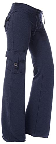 AMhomely Womens Straight Leg Pants with Pockets Full Size Cargo Trousers Elastic Waist Long Flared Gym Running Yoga Tracksuit Activewear UK 6-20 (as8, alpha, l, regular, , 01 Navy, L)