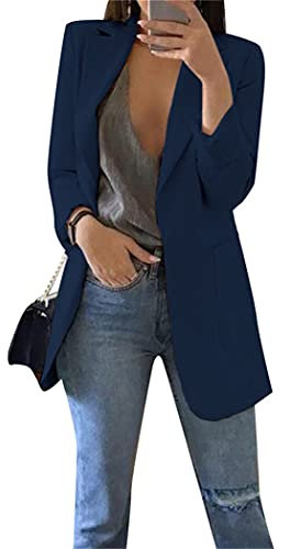 OMZIN Frauen Double Notch Revers Sharp Schulterpolster Blazer Casual Professioneller Blazer Loser Casual Blazer mit Taschen Navy Blau 4XL