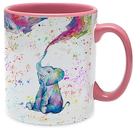 Cute Baby Elephant Design Water Colour Painting Rainbow Art Birthday, Christmas, Secret Santa Coffee Tea Cocoa Soup Daily use Inside Coloured Ceramic Cup Mug. (Pink)