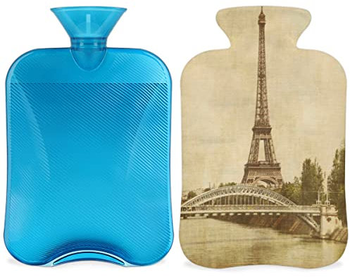 Vintage Eiffel Tower Hot Water Bottle with Fluffy Cover, 2L Large Capacity Hot Water Bottles for Kids Men Women, Paris European City Landscape Warm Water Bottle for Cosy Nights, Pain Relief, Back
