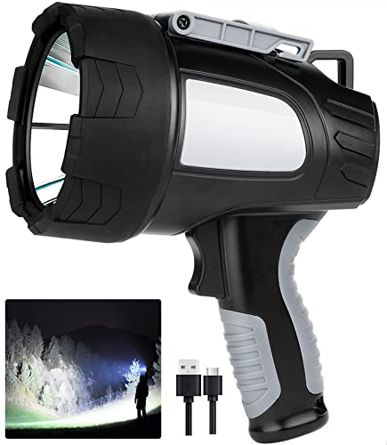LBE Rechargeable Spotlight Outdoor, 90,000 Lumens Led Spotlight Flashlight with Cob Light and Foldable Tripod, 6 Modes Waterproof Handheld Spot Light for Outdoor Marine Boating Hµnting