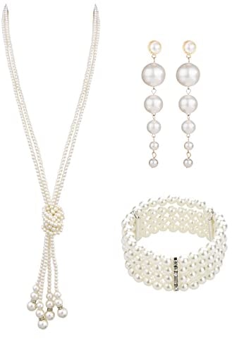 MIVAIUN 3 Stück Kunstperlen Set 1920er Jahre Perlenschmuck Kunststoff Perlenohrringe,4 Reihiges Stretch Perlenarmband 1920 Perlenkette Perlenschmuck für 1920er Mottoparty Abschlussball