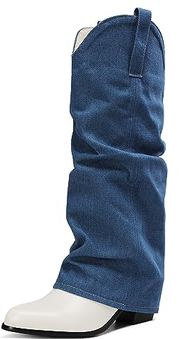 Roimaash Moda Jeans Fold Over Stivali Knee High Donna Block Tacco Medio Denim Stivali Cowgirl Slouch Wide Calf Shark Stivali Blue Plus Size 39