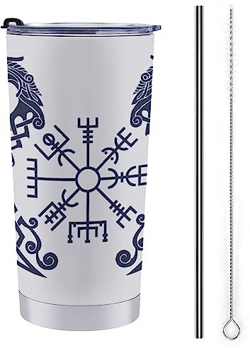 Reise-Kaffeebecher mit Wikinger-Symbol, nordischer Kompass, Edelstahl, isolierter Becher, langlebiger Becher mit Deckel und Strohhalm, 590 ml