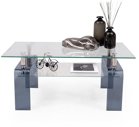 Homely - Mesa de Centro de diseño Moderno Kenia Tapa y revistero Cristal Transparente, y Patas en Cristal Smoke Grey