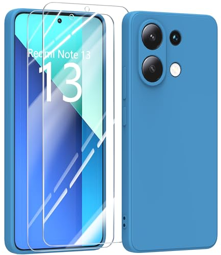 MIKULLE Hülle für Xiaomi Redmi Note 13 4G HandyHülle + 2 Stück Schutzfolie,Dünn Weiche Liquid Silikon TPU Stoßfeste Schutzhülle mit Microfiber Case - Blau