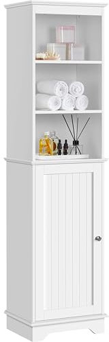 Yaheetech Armadietto da Bagno Indipendente Mobiletto da Terra Portaoggetti Mobile da Bagno Alto con Armadietto e Ripiani Regolabili Bianco 45 x 30 x 153 cm