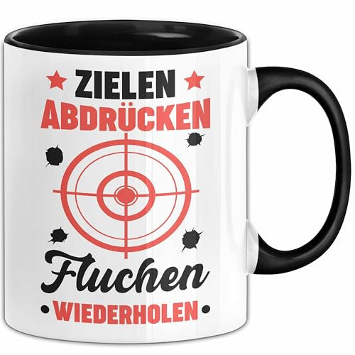 Sportschütze Tasse Geschenk Spruch Geschenkidee Geburtstag Zielen Abdrücken Fluchen Wiederholen (Schwarz)