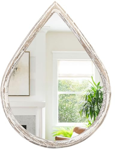 FEUFOAM Wandspiegel mit Holzrahmen, rustikaler weißer Tropfenspiegel, Bauernhaus, ovaler Wandspiegel, kleine dekorative Spiegel für Badezimmer, Wohnzimmer, Eingangsbereich, Flur