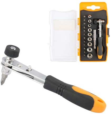 Hoteche 23-teiliges Ratsche Mini Ratschen Set mit Eisenblech-Griff - CR-V Material, 12 PCS 6.35x25MM Bits, PH, PZ, SL, T, 1/4 magnetischer Verlängerungsstab, 9x 1/4 Stecknüsse, 5-13MM