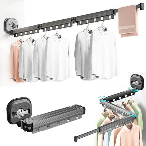 Suction Cup Wall-Mounted Folding Clothes Drying Rack 13.4/26.8/39.4, Tri Folding Clothing Rack Suction Cup, Retractable Suction Cup Clothes Drying Rack, Space Saver Clothes Rack (Black,39.4)