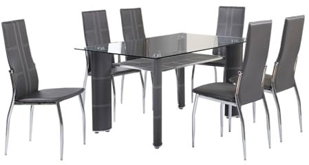 S & S Saldos y Stocks Mesa de Cristal Templado + 6 Sillas en Polipiel/Metal Gris 150x90 cm