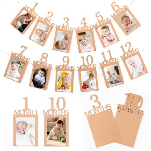 Romon Foto Banner, 1er Cumpleaños Guirnalda de Fotos Primer Año, Banner con Banderines para Primer Cumpleaños Bebé, Fiesta de Primer Cumpleaños Decoraciones per Niño Niñas, 12 Tarjetas de Papel Kraft