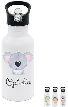 wunderwunsch® - Personalisierte Trinkflasche Kinder Edelstahl [ 500ml ] - Robuste Trinkflasche mit Namen - Wasserflasche mit Trinkhalm - Personalisierte Geschenke für Kinder (Koala)