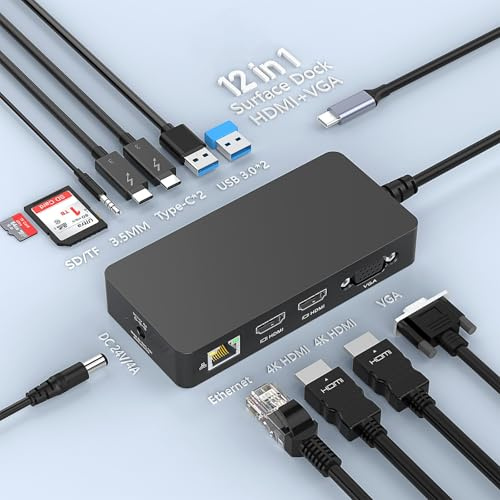 Microsoft USB C Surface Dock mit Netzteil, 12-in-1 MS Surface Dockingstation, dreifaches Display, 2 HDMI + VGA für Surface Pro 11/10/9/8/X/7, Surface Laptop 7/6/5/4/3, Surface Laptop Go 3/2, Laptop