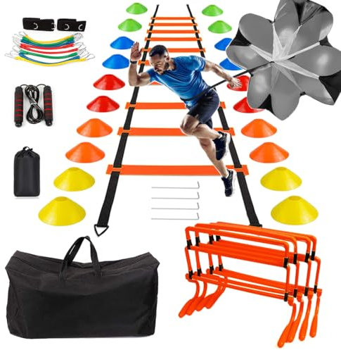 BJNCDIO Fussball Trainingszubehör, Fussball Trainingsset Koordinationsleiter Trainingsleiter, 20 Hütchen, Einstellbare Hürden, Widerstandsschirm, Springseil, Bänder, Fussball Geschenk Jungen (Orange)