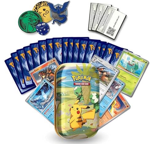 Pokemon Kartenset 50 Verschiedene, Originale deutsche Pokémon Karten Box, 5 Holo/Reverseholo Karten, 2 Goodies, 1 Mini-Tin Box zur idealen Aufbewahrung - händisch ausgewählte Pokemon Sammelkarten