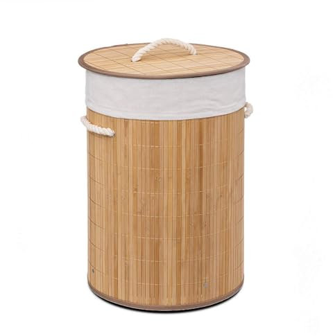 Cesto Para Ropa Sucia, Pongotodo con Tapa Separada Individualmente, Bolsa Lavable Extraíble, Cesta de Bambú Para Ropa (Redondo)
