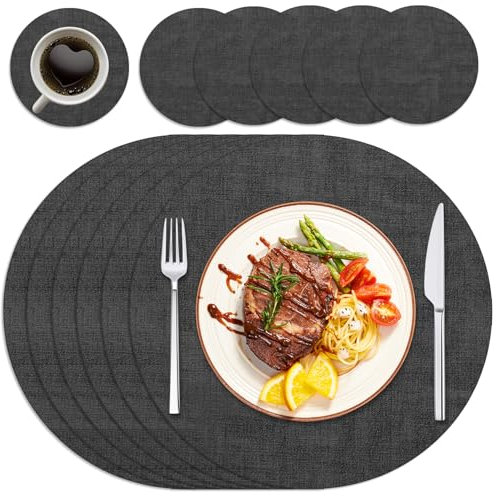 Purejoy Round Placemats and Coaster Sets 6, Christmas Table Mats PU Leather Heat-Resistant Washable and Non-Slip, ø35 cm Dinner Table Mats Set of 6 for Kitchen Mat Table Indoor (Grey)