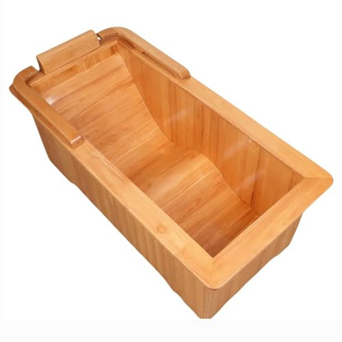 TT-YEC Vasca da Bagno Classica Orientale in Legno Massello, Vasca da Bagno in Legno per La Casa, Sauna per La Casa con Panca Esterna, Cestino Portaoggetti, Paletta per L'acqua,Curved Bottom 160cm