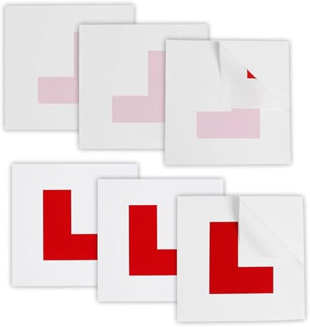 kinoco L Plates for Learner Drivers, 6-Pack Set with 3 Self-Adhesive and 3 Electrostatic Plates, Red