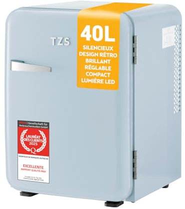 TZS First Austria - Retro Mini Kühlschrank 40L lautlos - Kleiner Minikühlschrank im Vintage-Design mit Innenbeleuchtung & 2 Türfächern - Minibar für Camping, Büro, Schlafzimmer & Hotel - hellblau