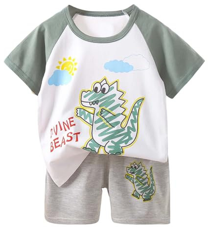 2 Pz Completino Bambino Set,Body Estiva Neonato Dinosauro Stampa 2pcs Vestiti Set Bimbo Completini e Coordinati Gentiluomo con Tenere Simpatiche Fantasie Righe Estive per Ragazzi 1-4 anni