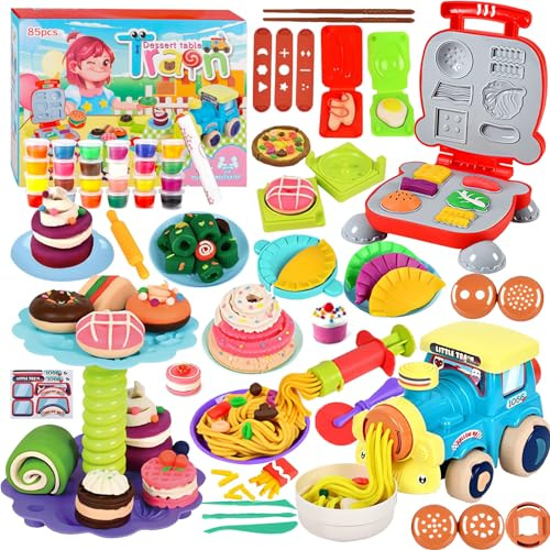 QUXV Knete Set für Kinder mit 85 Stück Knete, Kreatives Nudel- und Küchenset, Burger, Eiscreme Maschine