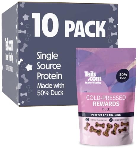 Tails.com • Dog Treats 10 x 70g • Cold Pressed Rewards 50% Duck • Grain Free Recipe • No Artificial Colours or Flavours • Low Calorie Snacks • Single Source Protein for Easy Digestion | Low calorie training treats, 50% duck, single-source protein, easy digestion, grain free, no artificial colours.
