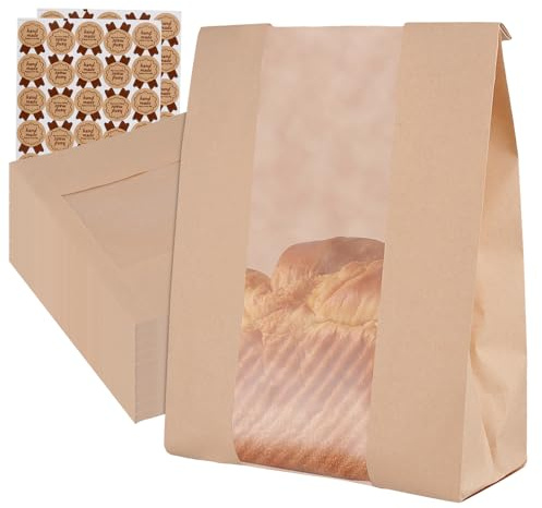 PINGEUI 100 Pcs Paper Bread Bags, Sourdough Bread Bags with Window, Kraft Paper Bakery Bag for Homemade Breads Cookie Snacks, Includes 100 Sealing Stickers, 13.7x8.2x3.5 in