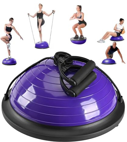 Half Balance Ball Trainer with Resistance Bands & Foot Pump, 18” Stability Trainer for Core Strength, Balance & Home Gym Workout Equipment(Grey purple) (purple)