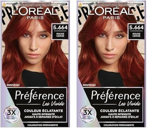 L’ORÉAL PARIS - Coloration Cheveux Permanente - Longue Durée & Lumineuse - Couvre 100% des Cheveux Blancs - Préférence Les Vivids - Nuance : Rouge Cerise (5.664) (Lot de 2)