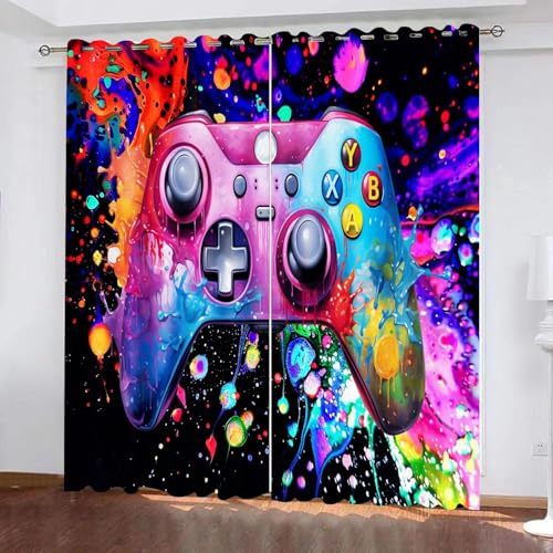 Luyemci Colorful Graffiti Game Controller Light Blocking Window Drapes Gamepad Teen Games Grommet Window Curtains Thermal Insulated Energy Saving Privacy Drapes for Bedroom, W29.5 x L65.3 x 2 Panels