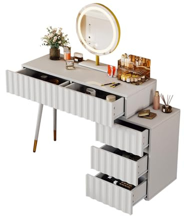 ZYLDDS 100 cm Schminktisch mit 40 cm großem beleuchtetem Spiegel, großer moderner Schminktisch mit 5 Schubladen, Schminktisch fürs Schlafzimmer, für Frauen und Mädchen