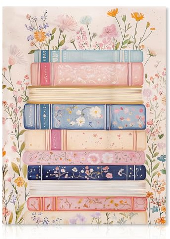 Dazzlewall Vintage Rosa Leinwand Wandkunst, Retro Blumen Buch Stapel Kunstwerk Druck Mädchen Zimmer Schlafsaal Wanddekoration für Schlafzimmer Wohnzimmer, 12x16 zoll Ungerahmt
