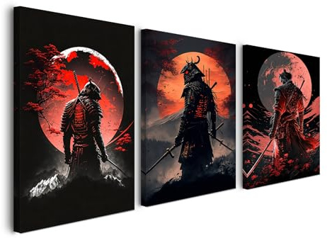 Gerahmtes Wandbild Set 30×40 cm 3er Set Samurai Rot Schwarz Leinwandbilder für Wohnzimmer Schlafzimmer Küche Büro Vintage Wandbild mit Haken Nägeln und magischer Klettbefestigung sofort aufhängbar