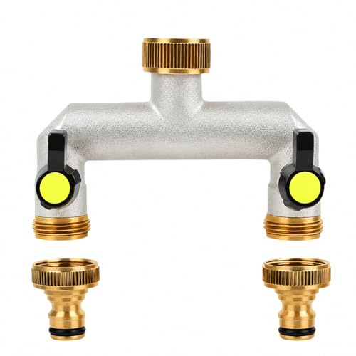 HNCY Distribuidor de Agua 2 vías 3/4'' (G 3/4) en Latón Macizo – Derivador de Grifo con 2 Salidas y Llaves Independientes, Adaptador 1/2'', Regulador de Caudal para Mangueras y Riego