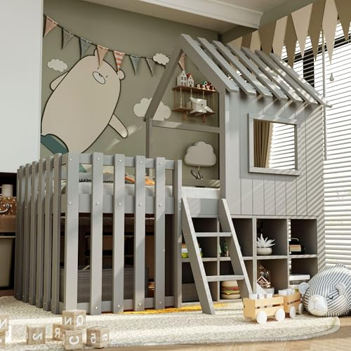 Mrwoo Kinderbett 90x200 cm, Einzelbett mit Dach und Fenster, Stauraumbett mit Offenem Stauraum, Rausfallschutz Geländer, für Geeignet Kinder und Jugendliche (Ohne Matratze) (Grau)