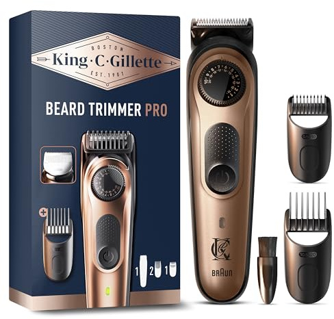 King C Gillette Barttrimmer Herren PRO, Kabelloser Bartschneider mit 40 Längeneinstellungen — Inkl. 1 Reinigungsbürste, 4 Auswechselbare Kammaufsätze und 1 Ladegerät — Schwarz und Kupfer