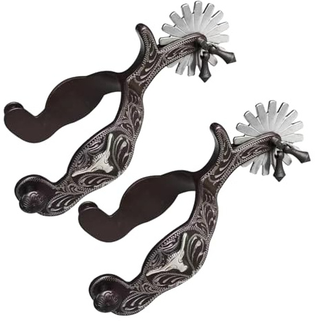 1 Paar Westernsporen aus hochwertigem Kohlenstoffstahl, handgravierte Reitsporen mit drehbarem Rädchen, klassische Sporen für Pferdetraining & Turniere, Western Reitzubehör für Damen & Herren