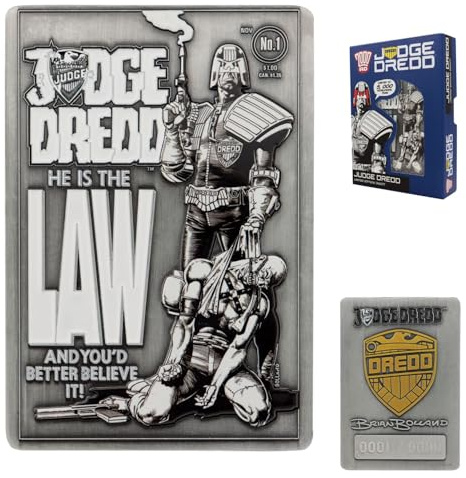 FaNaTtik Judge Dredd Comic Book Cover Ingot - 2000 AD Limited Edition 5.000 Metall Sammlerstück mit antikem UV-Druck & goldfarbenem Badge