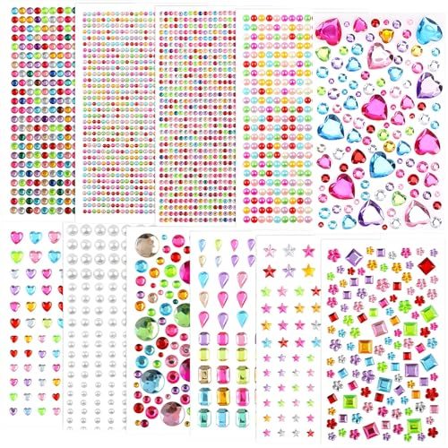 3700 Stück Glitzersteine Selbstklebend, 11 Blätter Strasssteine Bunt Selbstklebend Gesicht, Glitzersteine zum Basteln Gem Stickers für Kinder Handwerke, Gesicht, Körper, Augen, Nägel, Festivals