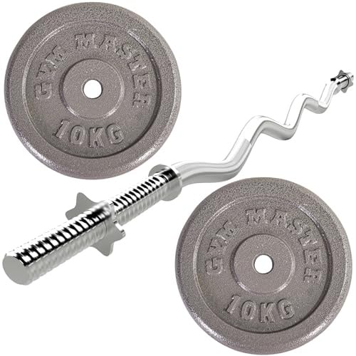 GYM MASTER Standard EZ Curl Bar & 20kg Cast Iron Weight Plates Bundle - 1 Barbell & Plates
