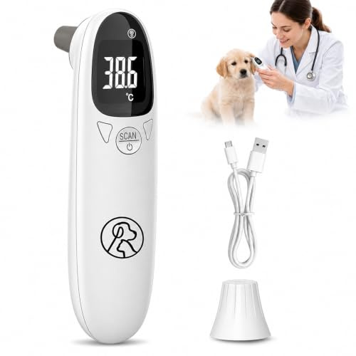 Örontermometer för Hund, ZMCVOE Fieberthermometer Hund med LED-visning, Digitalt Fiebertermometer Katt med Minneläge, Bärbart Örontermometer för Hundar, Katter, Kor, Får, Häst