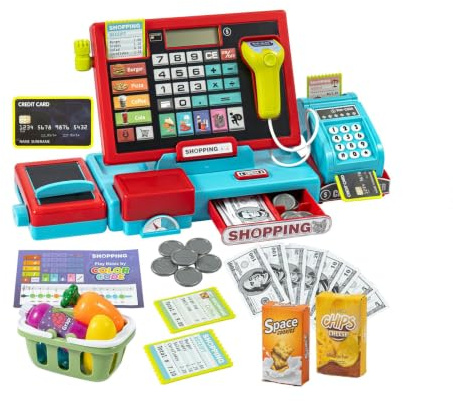 Trintion Spielkasse Kinder mit Scanner Licht Sound Lernspielzeug Blau | Supermarkt Rollenspiel Kasse Taschenrechner Musik Zubehör fördert Rechnen Fantasie für Kinder ab 3 Jahren Zuhause Spielen