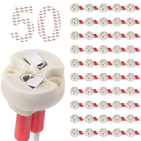 DiCUNO MR16 GU5.3 Fassung mit 15cm Silikonkabel, Keramik Sockel G4/GY6.35, Bi-Pin Stiftsockel für LED Lampen, Halogen, Glühbirnen, 12-250V, 2A, 100W, hitzebeständig bis 200°C, 50er Pack