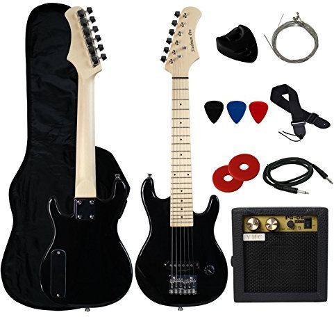 YMC E-Gitarrenset für Kinder, 76,2 cm, mit 5 Watt Verstärker, Gigbag, Gurt, Kabel, Saiten, Plektren und Schraubenschlüssel, Schwarz