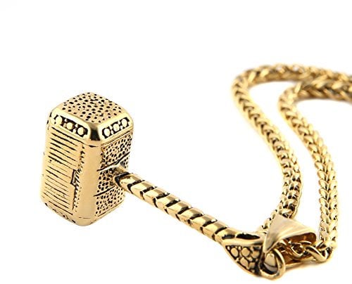 HZMAN Thor Hammer Stainless Steel Necklace For Men and Women Hammer Pendant Necklace 22+2 Inch Chain, Gold