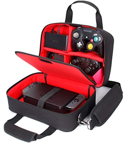 USA Gear Tragetasche für die Reise, kompatibel mit Nintendo Switch 2, Dockstation, Gamecube/Pro Controller, JoyCons und mehr Nintendo Switch 2-Zubehör – anpassbares Innenleben Schultergurt – Rot
